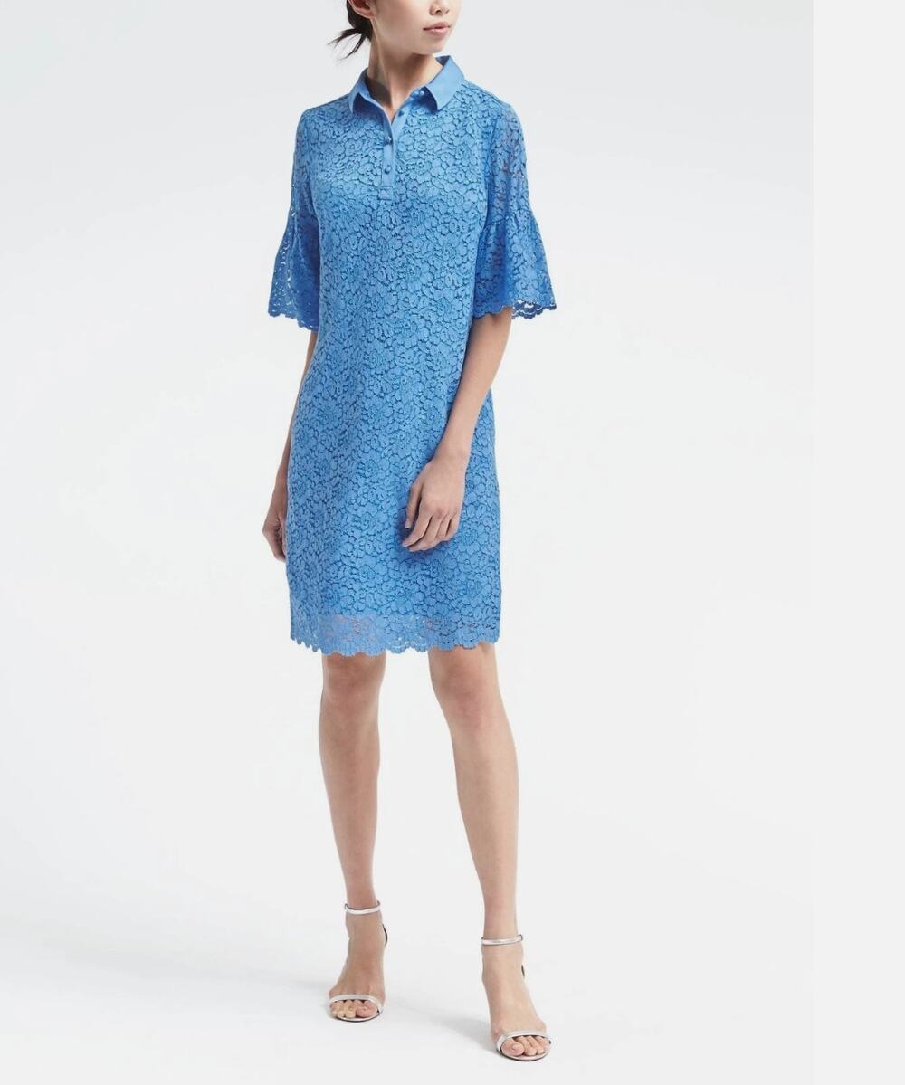 BANANA REPUBLIC Blue Collared Lace Shift Dress with Flutter Short Sleeves // XS